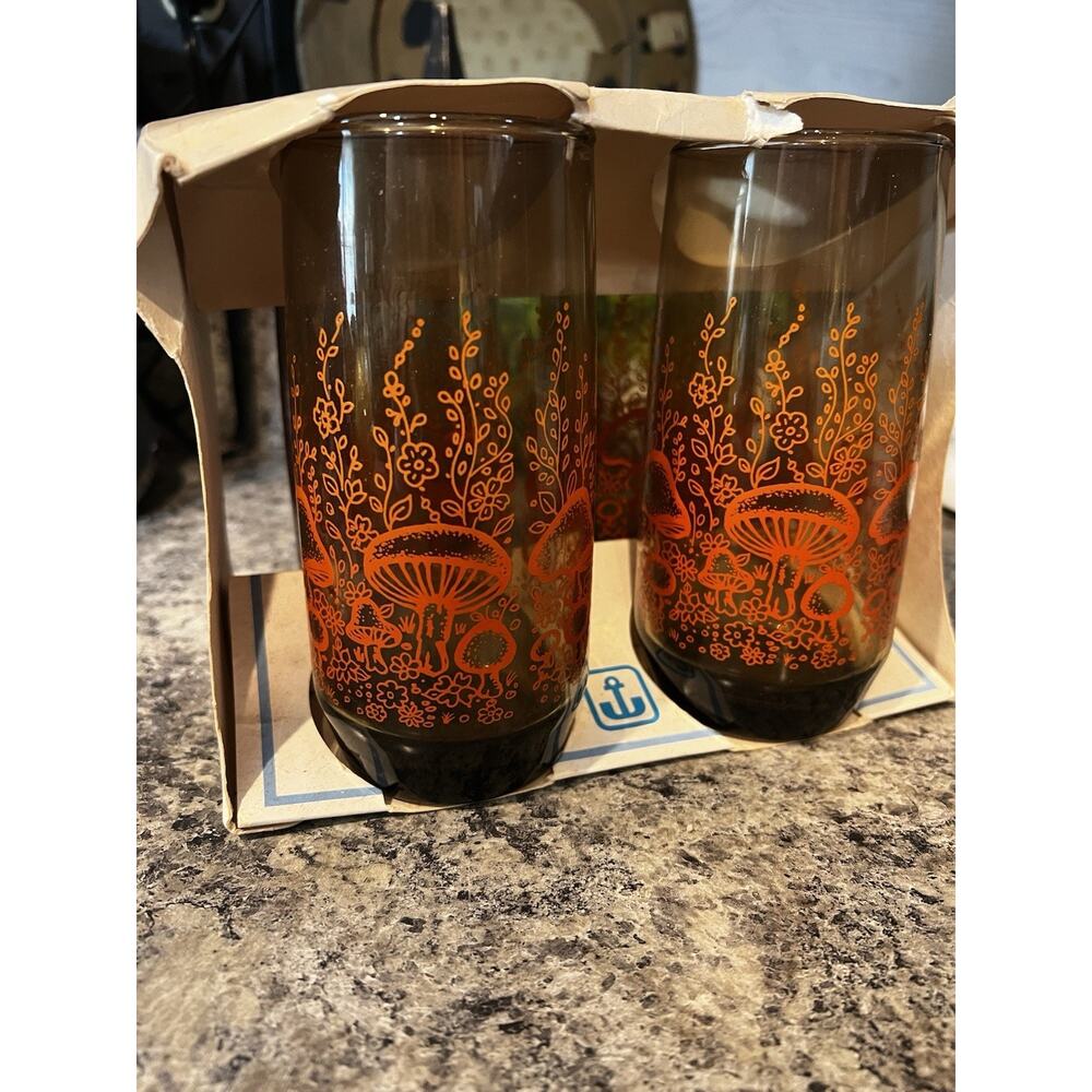 Vintage Anchor Hocking Glasses Orange Mushroom Garden 6” Tall 16 oz Set 4 NOS - Picture 6 of 12